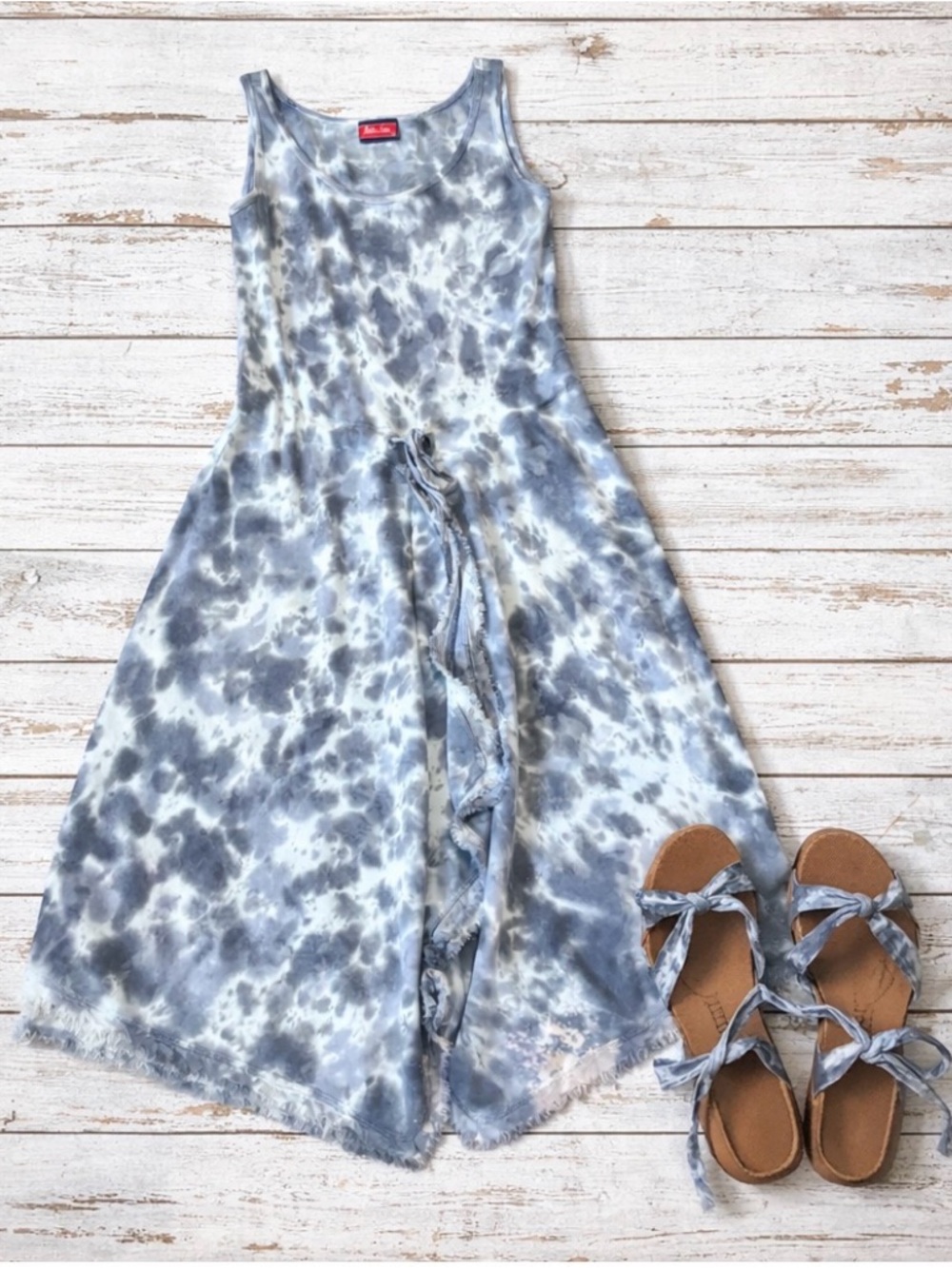 Tie-Dye Blue Midi Fairy Dress with Waist Tie